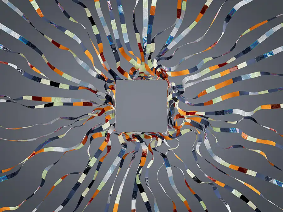 AI in Behavioral Health. Colorful ribbons of dna around the shape of a cpu